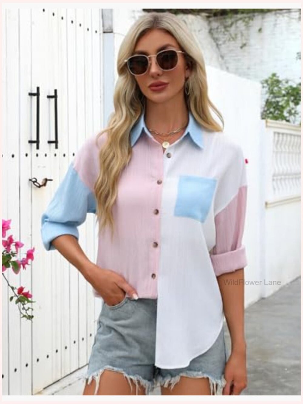 Womens Button Down Shirt Long Sleeve Textured Collared Blouse Gauze Top Pocket - Picture 3 of 7
